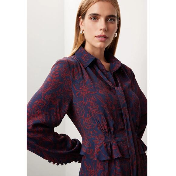 Jason Wu Dress Womens 6 Blue Red Floral Chiffon Shirt Collared Midi Tie Neck - Picture 4 of 12